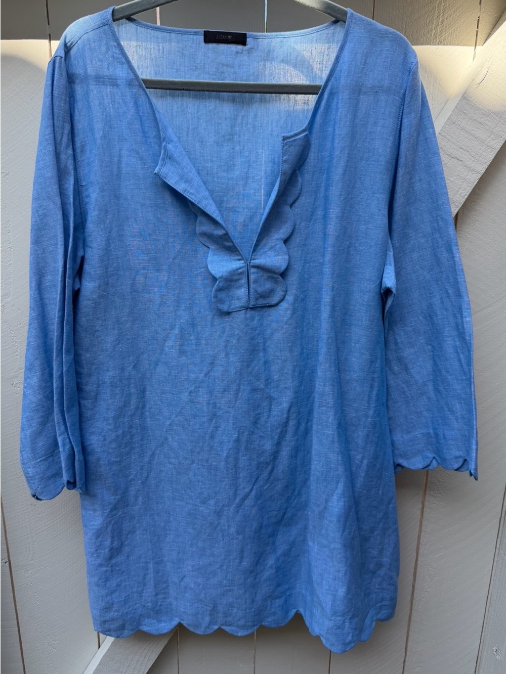 J. Crew Light Blue Linen Scallop-Hem Tunic with Ruffle L/XL